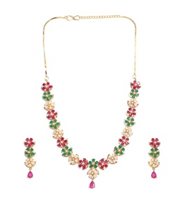 Conjunto de Collar y Pendientes de Joyería Nupcial con Gemas Florales, Esmeralda, Rubí y Perla, Más Vendido - Product Image 3
