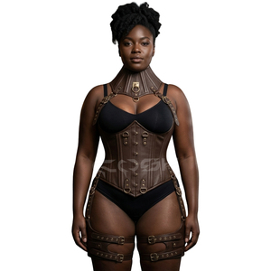 <b>Underbust</b> Steelboned Brown Leather <b>Corset</b> With Neck And Thigh Harness| Customized Halloween <b>Corsets</b> Vendors - Product Image 3