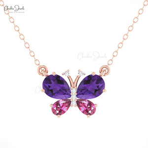 Nouveau Collier Papillon en Améthyste et Grenat Rhodolite 7x5mm, Or Massif 14 carats, Inspiré des Diamants, Bijou Tendance - Product Image 2