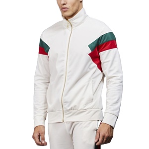 Veste de survêtement homme blanche à blocs de couleur, fermeture éclair intégrale, col montant, design sportif, respirante, en polyester, pour le printemps - Product Image 1