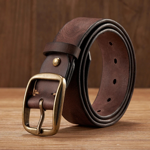 Ceinture pour homme en cuir véritable de haute qualité, écologique, vintage, élégante, confortable, décontractée, avec boucle en cuivre, largeur réglable 3,0 cm - Product Image 1