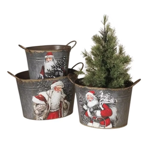 Traditional Metal Santa Decorative <b>Planters</b> Set of 3 with Christmas <b>Tree</b> Design - Product Image 3
