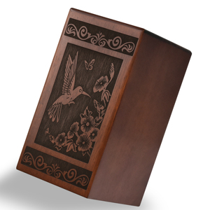 Urna Funeraria de Madera con Acabado Natural, Diseño Floral de Colibrí, Capacidad de 220 Pulgadas Cúbicas, Personalizable para Cenizas Humanas de Adultos - Product Image 2