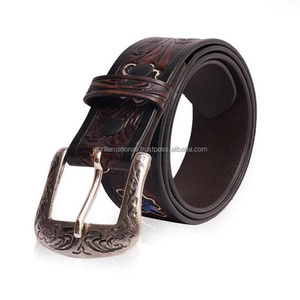 Cinturón occidental de cuero tallado a mano con diseño floral, cinturón con hebilla plateada de diseñador - Product Image 3