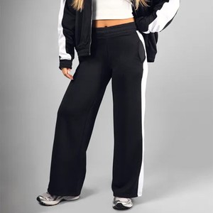 Pantalones de chándal de invierno casuales de corte medio para mujer, de alta demanda, negros con contraste blanco, de pierna ancha recta, ecológicos - Product Image 1