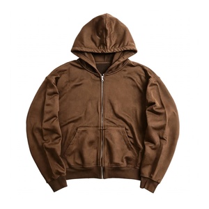Plain Brown Heavyweight Fleece <b>Full</b> <b>Zip</b> Hoodie Men Casual Outerwear Plain Hooded <b>Sweatshirt</b> With Kangaroo Pocket - Product Image 1