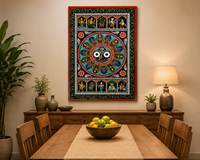 Décoration murale rectangulaire en bois de style zen asiatique, motif Dashavatara et Jagannath Pattachitra, origine Orissa, pour salon intérieur