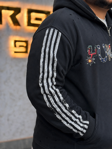 Sweat à capuche zippé pour homme, coupe oversize, 100% coton épais, avec manches imprimées personnalisées, strass et effet vieilli, style streetwear - Product Image 6