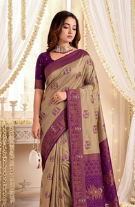 <b>Purple</b> Beige Silk <b>Saree</b> Traditional Print Sun Protection All Seasons Wedding Women's Floor-Length Regular Fit India Pakistan - Product Image 5