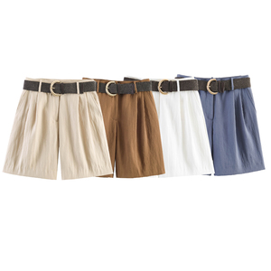 Shorts d'été décontractés plissés à 4 coloris avec fermeture éclair et ceinture, couleur unie, pour femmes - Product Image 1