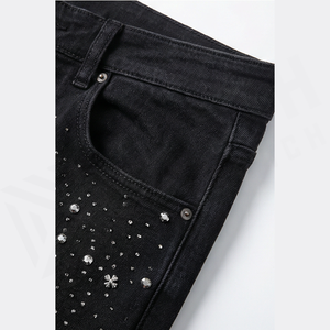 Jean en denim noir slim à taille haute pour homme avec motif à pois pailletés, style décontracté d'automne, coupe droite, en coton - Product Image 5