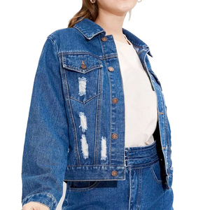 Women's Distressed <b>Denim</b> <b>Jacket</b> <b>Cropped</b> Classic Fit Vintage Style Solid Blue Casual Outerwear Autumn Wear - Product Image 2