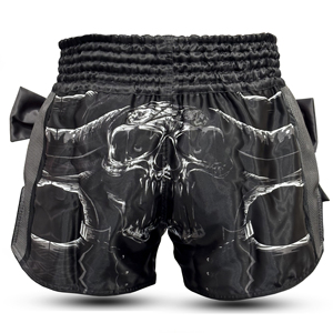 Shorts de combat Skull Warrior Premium pour Muay Thai, MMA et boxe |   Shorts d'entraînement unisexes avec logo extensible sur le devant |   Noir Argenté - Product Image 2