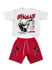 Conjunto de camiseta con estampado gráfico y pantalones cortos con cordón para hombre, conjunto de dos piezas personalizado de manga corta, ropa deportiva informal - Product Image 1