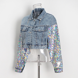 Wholesale Unisex Spring Autumn Winter Fashion Solid Printed <b>Quilted</b> <b>Single</b> Button Long Sleeves Short Cotton Denim Jacket Women's - Product Image 5