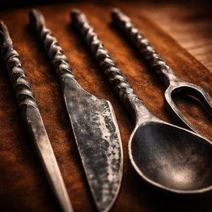 ชุดช้อนส้อมเหล็กกล้าคาร์บอนทำมือ ด้ามจับสีดำ ทรงตรง สำหรับโต๊ะอาหาร ผลิตด้วยมือ สไตล์วินเทจยุคกลาง อุตสาหกรรม รับผลิตแบบ OEM ODM - Product Image 4