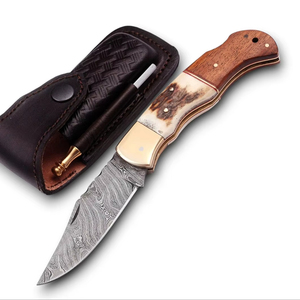 Handmade Damascus Steel Drop Point Camping Folding Pocket <b>Knife</b> Industrial Grade Stag Horn Rosewood <b>Handle</b> Leather Pouch OEM - Product Image 1