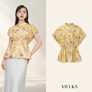 Blusa de Chifón con Estampado Floral para Mujer, Cuello Mandarín, Manga Corta, Peplum, Estilo Chino, Corte Regular, Primavera-Verano, VENUS - Product Image 1