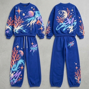 Conjunto Deportivo Gráfico Azul Rey para Mujer, Sudadera Oversize y Pantalones Anchos, Estilo Urbano Casual de Dos Piezas - Product Image 4