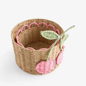 Cherry Paper Fiber <b>Basket</b> Woven Storage Container Decorative Organizer <b>Hamper</b> <b>For</b> Kids Room Nursery Shelf Home Accessories - Product Image 2