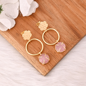 ต่างหูพลอยตาแมวสีชมพูสง่างามเครื่องประดับทองเหลืองสำหรับผู้หญิง - Product Image 3