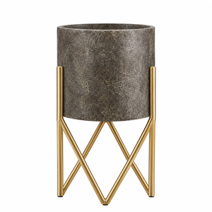 Ensemble de jardinières d'intérieur en métal texturé avec support doré |   Pots à fleurs modernes et hauts pour le salon, l'hôtel, le bureau, la maison, le jardin, décoration de luxe - Product Image 1