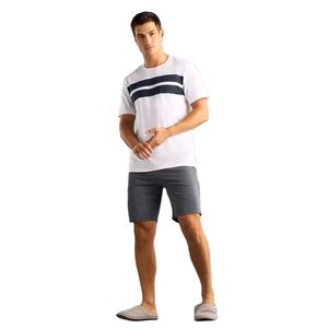 Moderno para hombre de poliéster/mezcla de algodón de talla grande impreso ajuste relajado salón doble conjunto blanco cuello camiseta azul marino raya + Pantalones cortos grises verano - Product Image 1