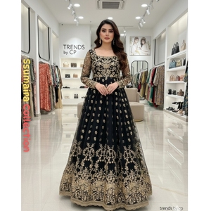 COLECCIÓN SSUMAIRA, Especial Eid, Anarkali Negro de Lujo con Bordado, Estilo Pakistaní, Vestido Largo para Fiesta/Boda, con Zari - Product Image 3