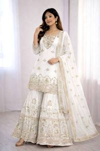 White Embroidered Silk Sharara <b>Suit</b> With Dupatta Floor-Length Traditional <b>Wedding</b> Outfit <b>Women's</b> Loose Fit <b>Dress</b> - Product Image 3