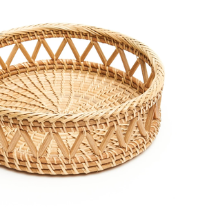 Exquisite Geometric Woven Round Rattan <b>Display</b> Basket Handcrafted Wicker Tray Featuring Classic Chevron <b>Border</b> For Cafe Setup - Product Image 4