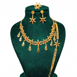 Parure de collier sautoir plaqué or 24 carats fait main, classique, longue, 3 pièces, pour femme, finition raffinée, élégante pour mariage et soirée - Product Image 1