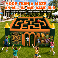 Labyrinthe d'aventure gonflable commercial avec 4 jeux interactifs, unité de jeu personnalisée orange et noire pour la location dans les parcs et les festivals