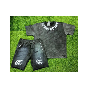 Stylish 3D Printed Summer Shorts <b>Set</b> Men Custom Distressed Washed Polyester/Cotton Blend Breathable T-Shirt <b>Sets</b> Custom Logo - Product Image 1