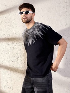 Men's Black Short Sleeve T-<b>Shirt</b> With Embroidered Rhinestone <b>Flame</b> Pattern O-Neck Street Style Regular Fit Knitted Cotton Top - Product Image 5