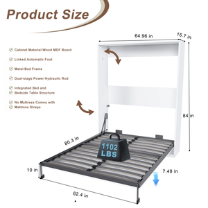 Letto a scomparsa matrimoniale da 65 pollici con telaio in metallo e doghe di supporto in legno massello, letto a parete pieghevole, telaio letto a scomparsa - Product Image 5