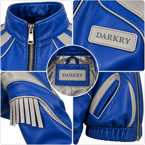Biker Royal Blue Oversized <b>Leather</b> <b>Bomber</b> <b>Jacket</b> Grey Sleeve Stripe Fringe High Neck Elastic Hem Custom Wholesale Vendor - Product Image 6
