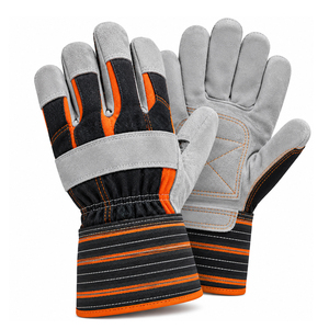 Gants de travail en cuir premium, robustes et personnalisés, paume en cuir gris, dos noir et orange, avec large manchette, pour atelier - Product Image 1