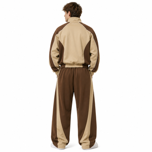 Ensemble de survêtement de luxe en molleton épais French Terry, comprenant une veste zippée à col montant et blocs de couleur style raglan, un sweat à capuche oversize et un pantalon à jambes larges, personnalisable. - Product Image 3