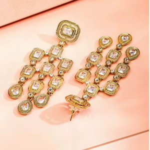Luxury Indian Designer Kashmiri Gold Plated Zinc Alloy Women's Earrings Dangler Traditional Geometric Ethnic Long Crystal - Product Image 1