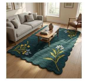 Tapis Emerald Bloom dans un espace moderne minimaliste, sérénité florale sur parquet, tons neutres doux rencontre le charme botanique - Product Image 1