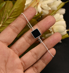 Best Selling 925 Silver Chain Black Onyx <b>Gemstone</b> 12mm Square Shape Bezel Setting Rhodium Plated Minimalist <b>Bracelet</b> For Women's - Product Image 2