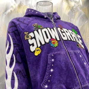 Sweat-shirt à capuche zippé Snowgrace avec imprimé lettres en strass, coupe oversize, unisexe, décontracté, pour l'hiver, manches régulières, en polaire - Product Image 6