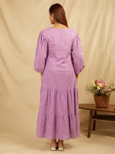 Robe longue à pois violets avec manches bouffantes, col en V, coupe trapèze ample, en coton tissé respirant, style Prairie Chic, robe décontractée - Product Image 2