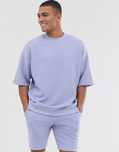 Ensemble de survêtement en coton bleu clair pour homme, col rond, manches courtes, coupe ample, couleur unie, vêtements décontractés d'été avec poches latérales - Product Image 1
