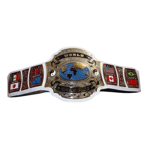 Ceinture de champion du monde avec drapeaux internationaux Mexique, États-Unis, Canada, Royaume-Uni, Brésil, Japon, design plaqué or, sangles noires - Product Image 1