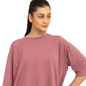 Camiseta Oversize de Manga Corta Rosa Polvoriento para Mujer, Corte Holgado, Cuello Redondo, Estilo Casual Largo, Básico, Streetwear, Ropa Diaria - Product Image 2