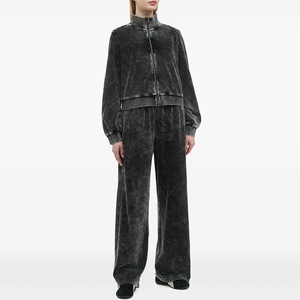 Survêtement gris en velours délavé pour femme, manches longues, col montant, fermeture éclair sur le devant, coupe ample, pantalon large, couleur unie, décontracté, OEM - Product Image 4