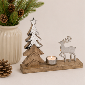 Handmade Silver Metal Reindeer & <b>Christmas</b> <b>Tree</b> Tealight Candle Holder Solid Mango Wood Base Festive Winter <b>Table</b> Centerpiece - Product Image 3