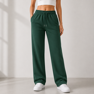 Women Green Knitted Wide Leg <b>Pants</b> High Waist Loose Fit Full Length Casual Solid Color Drawstring Elastic Waist Sweatpants - Product Image 1