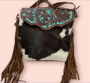 Sac bandoulière en cuir pleine fleur de vachette de qualité supérieure avec broderie turquoise et franges, style bohème, pour femme - Product Image 3